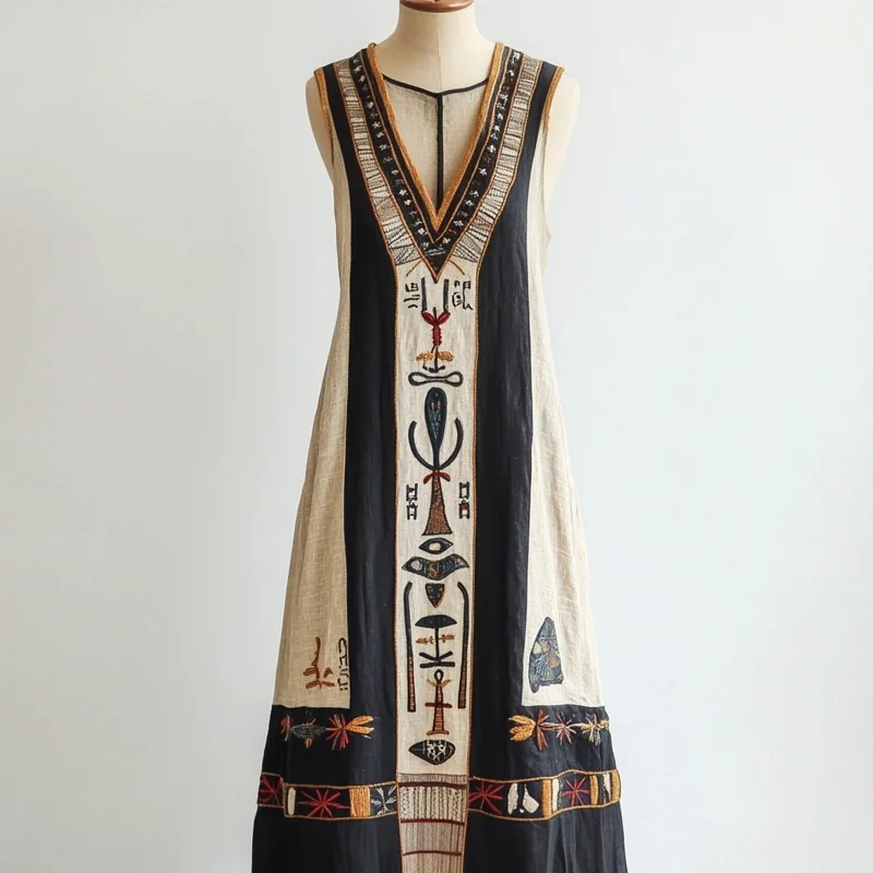 Egyptian Elements Inspired Contrast Linen Maxi Dress