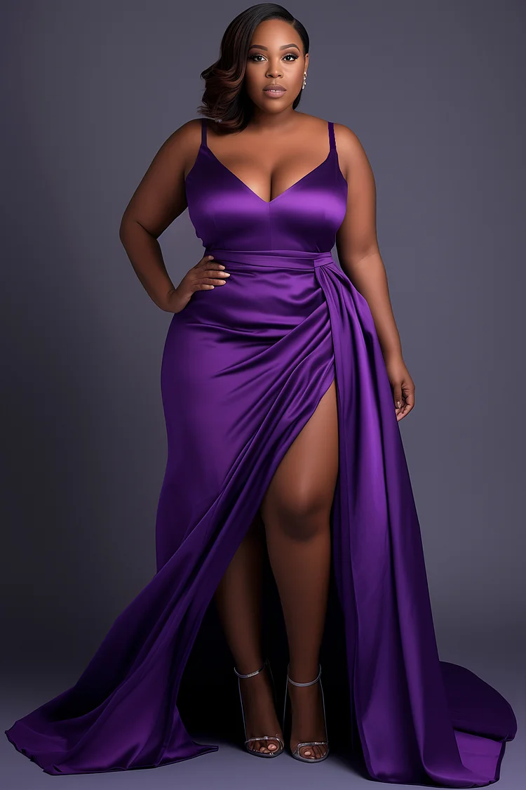 Xpluswear Design Plus Size Evening Gowns Purple V Neck Split Fold Satin Maxi Dresses [Pre-Order]
