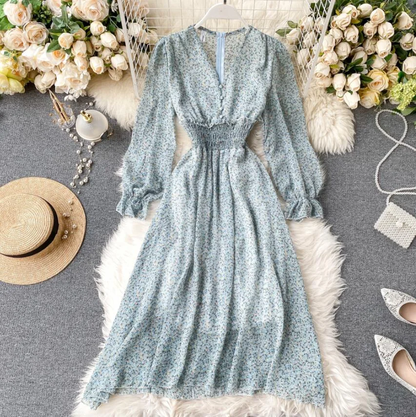 Floral elegant Women Dress Vintage Long sleeve V-neck Print Chiffon Dresses 2020 Spring summer Elastic waist Long Dress Vestidos