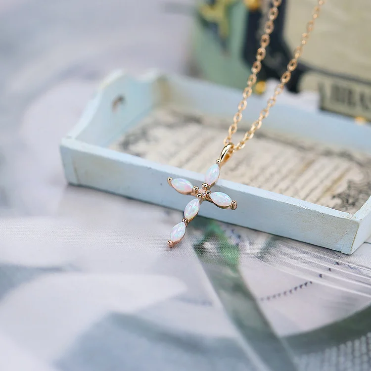 Olivenorma Artificial Opal Moonstone Cross Pendant Necklace