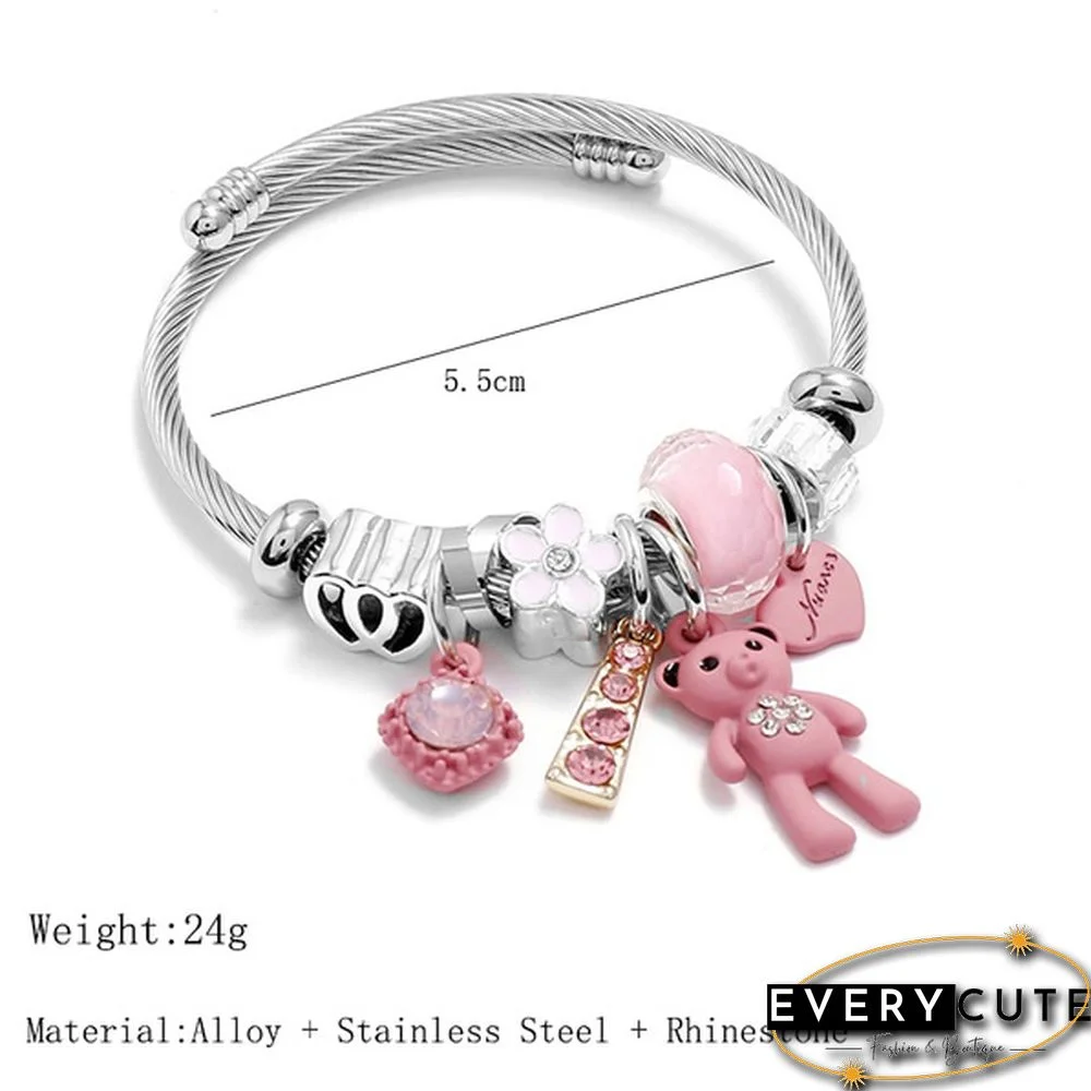 Fashion Bracelets & Bangles Stainless Steel DIY Jewelry Big Pink Bear Pendant Hearts Love Women's Bracelet Cuff Charms Pulseras