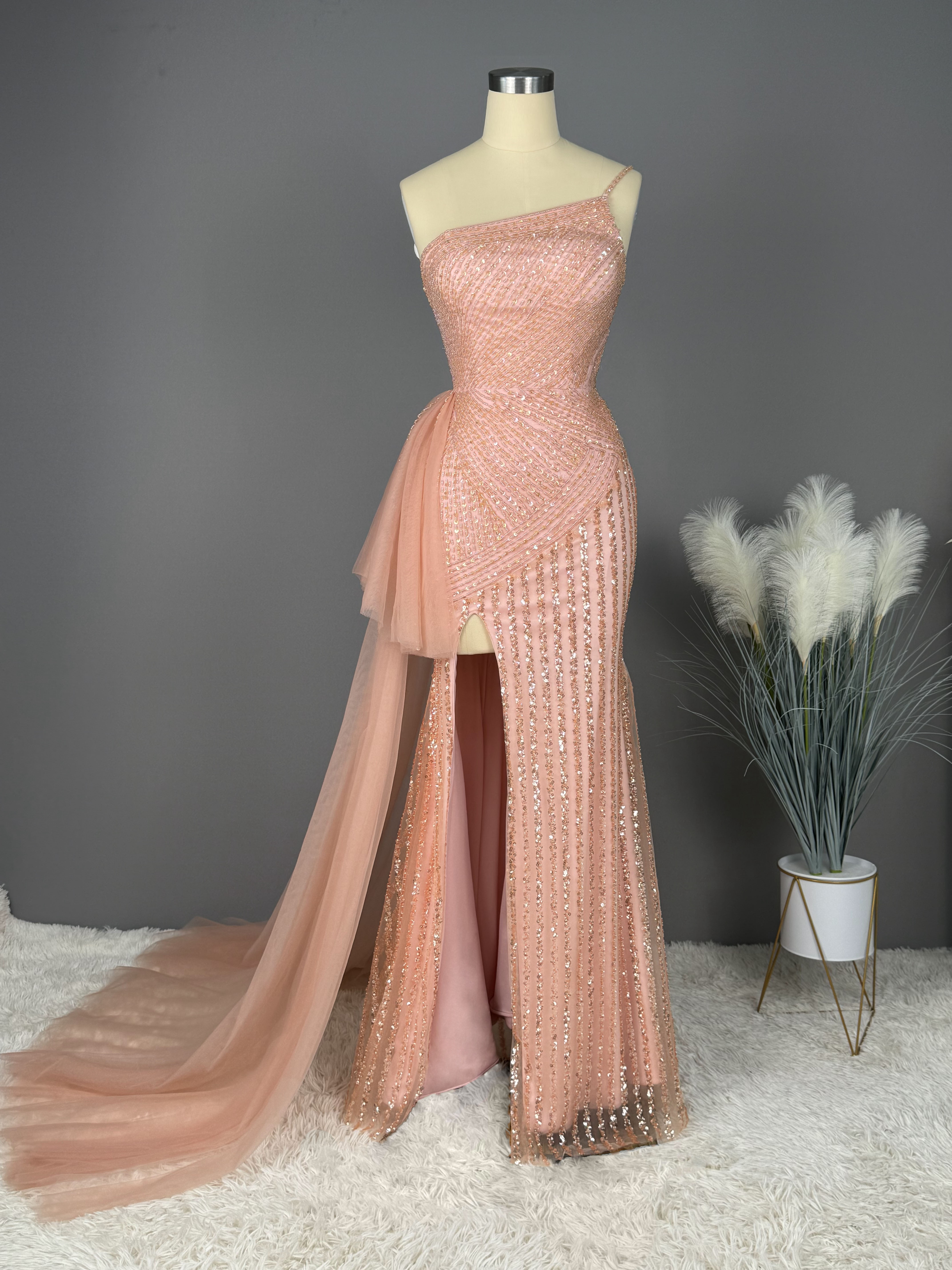 Oknass Charming Pearl Pink Lace Sequins One Shoulder Sleeveless Split Prom Dress With Ruffles