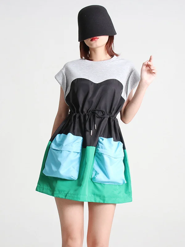 Stylish Selection Short Sleeves Loose Drawstring Split-Joint Round-Neck Mini Dresses