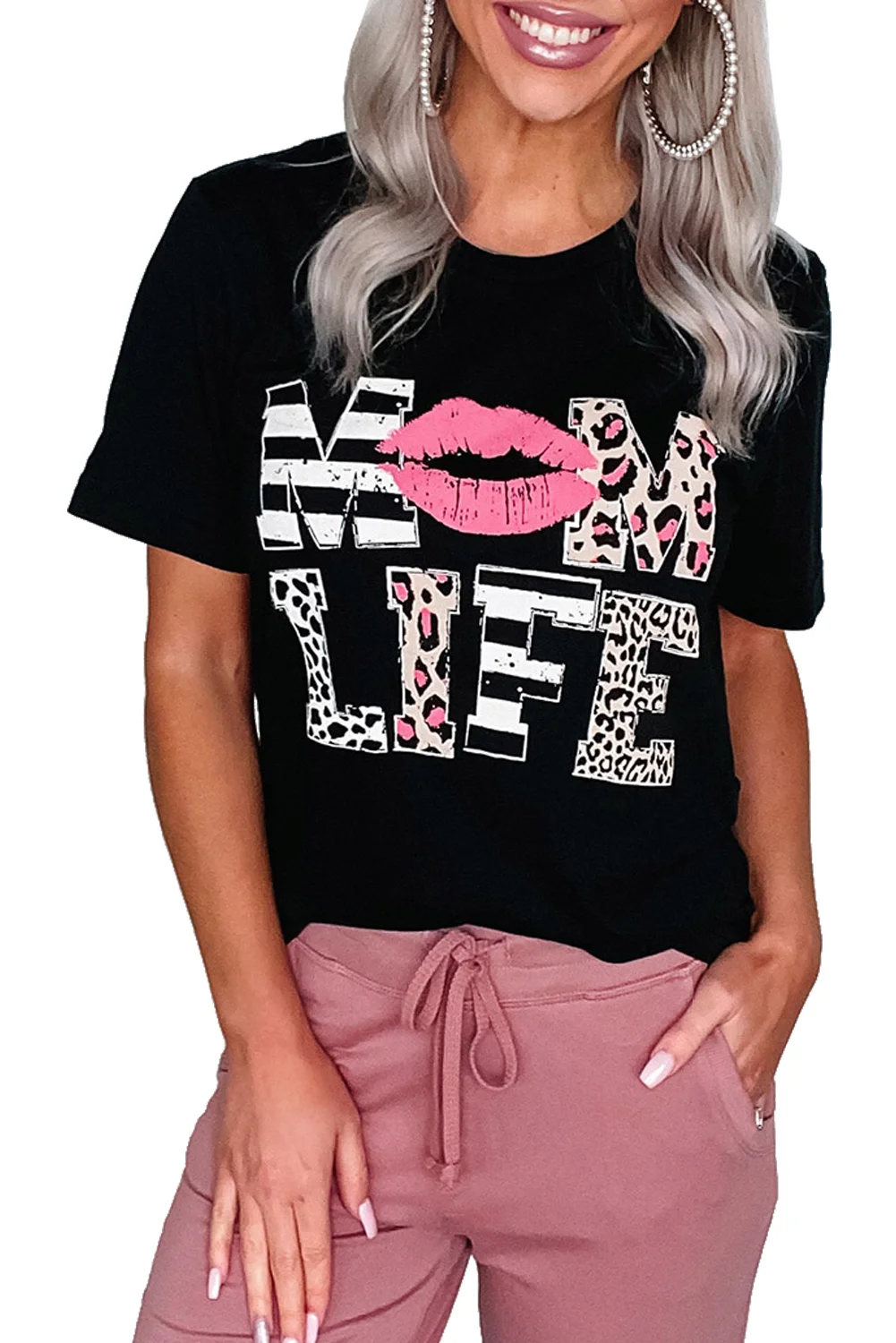 Leopard Mom Life Lips Black T-Shirt | IFYHOME
