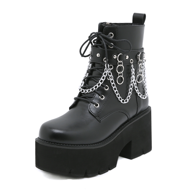 Statement Lace Up Rivets Strap with Chains Decoration Side Zipper Platform Boots
