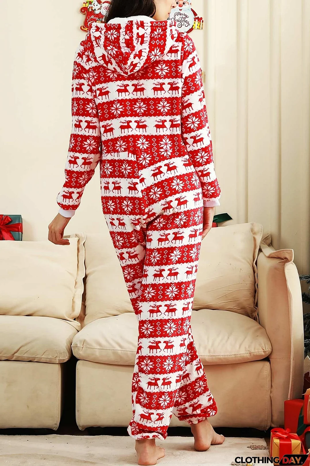 Christmas Printed Zipper Hooded Jumpsuits