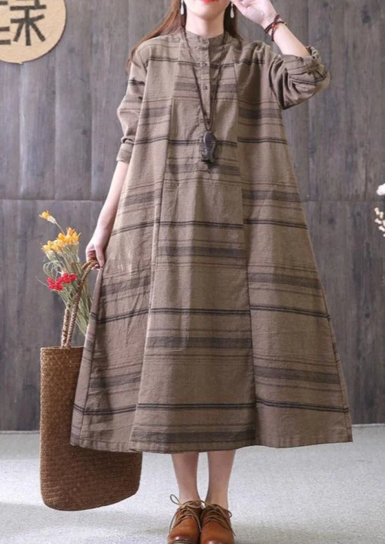 100% chocolate striped clothes stand collar drawstring Maxi Dress