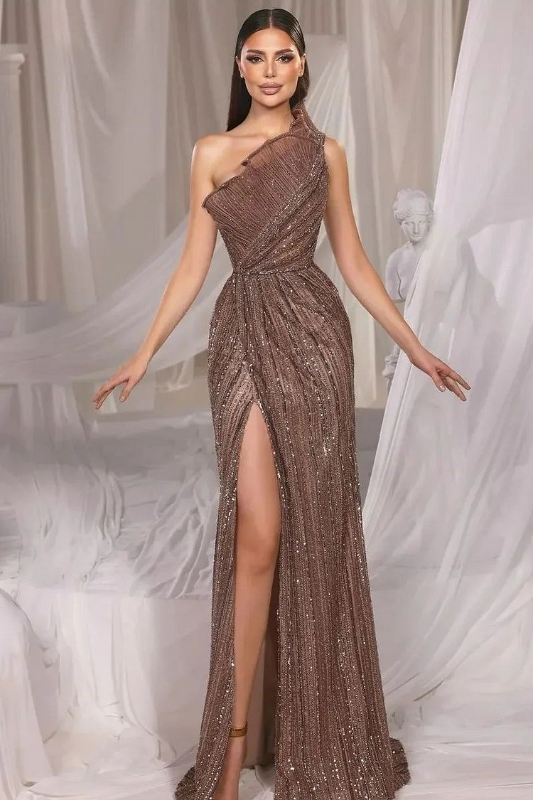 Hellodresses One Shoulder Sleeveless Sequins Front Split Long Prom Dress With Ruffles