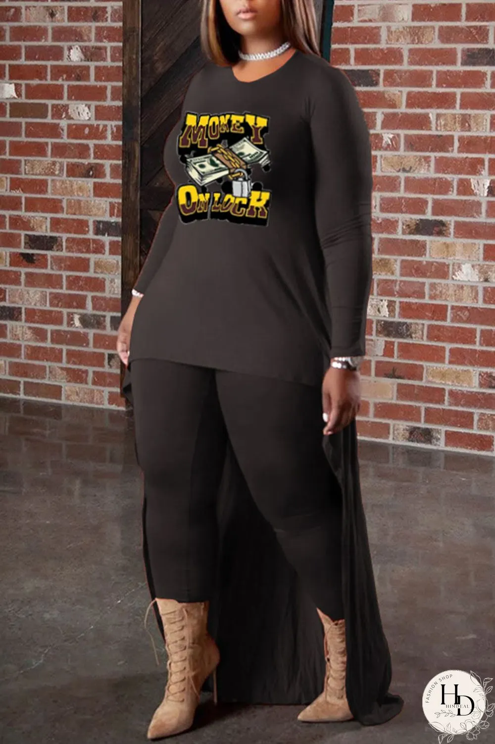 Deep Coffee Casual Print Patchwork O Neck Long Sleeve Two Pieces