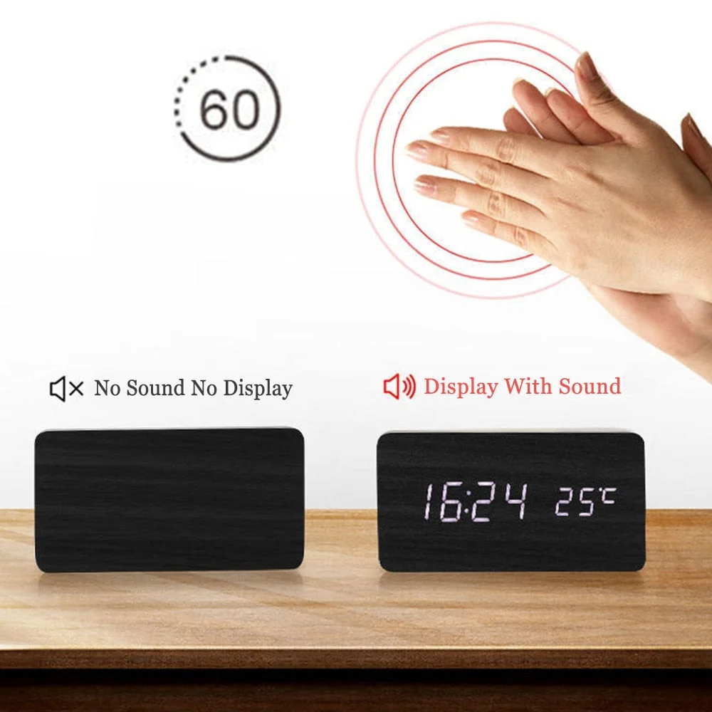 LED Digital Alarm Clock Wooden Watch Table Voice Control Digital Wood Despertador USB/AAA Powered Electronic Desktop Clocks