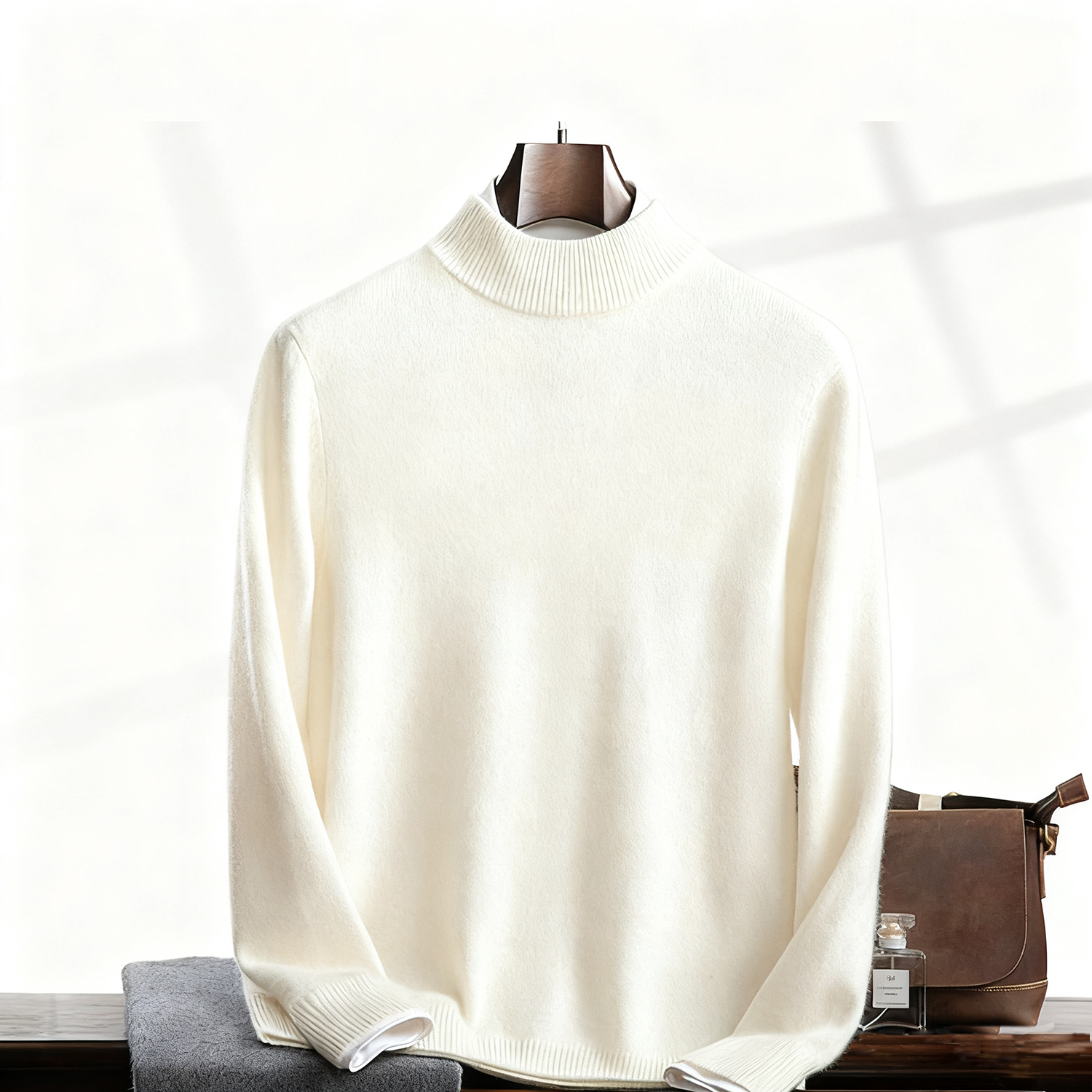Men's Heavyweight Cashmere Sweater | Semi High Neck for Warmth REAL SILK LIFE