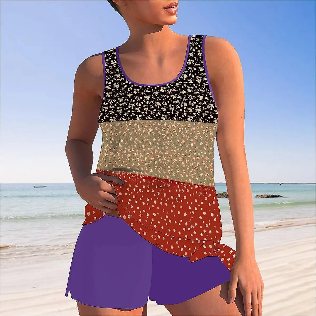 Bowknot Floral,Polka Dot,Red,Light Coffe,Navy,Stitch Mid Waisted Tankini Set - Plus Size Available