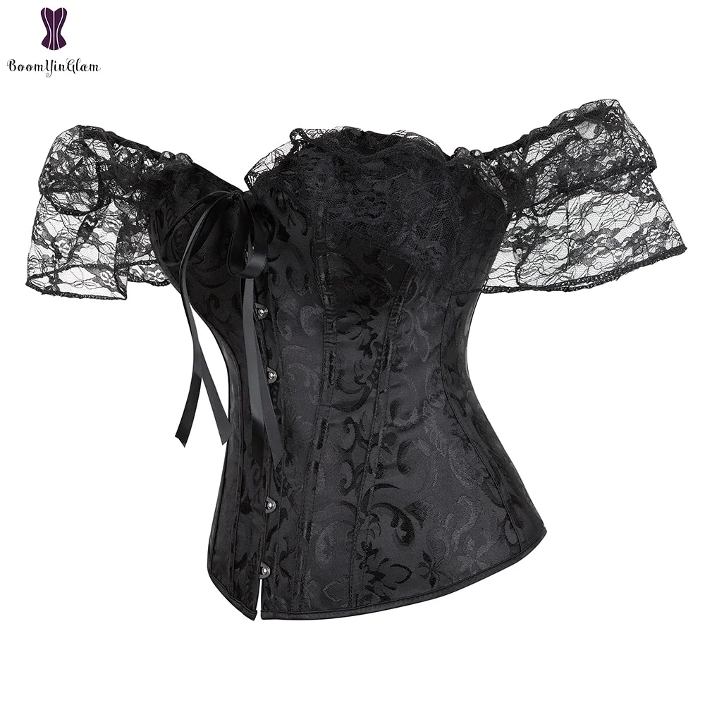 Uaang Women's Princess Renaissance Corset Black White Red Green Beige Floral Lace Short Sleeves Elegant Halloween Bustier Top