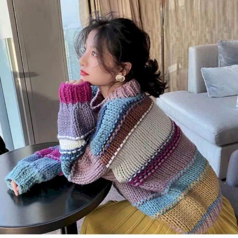 Women's sweater 2020 new women's fall/winter pullover loose outer wear Japanese lazy knit sweater color matching thick line tops