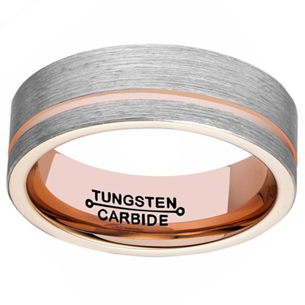 8MM Mens Two Tones Tungsten Carbide Rings Brushed Surface With Rose Gold Thin Groove