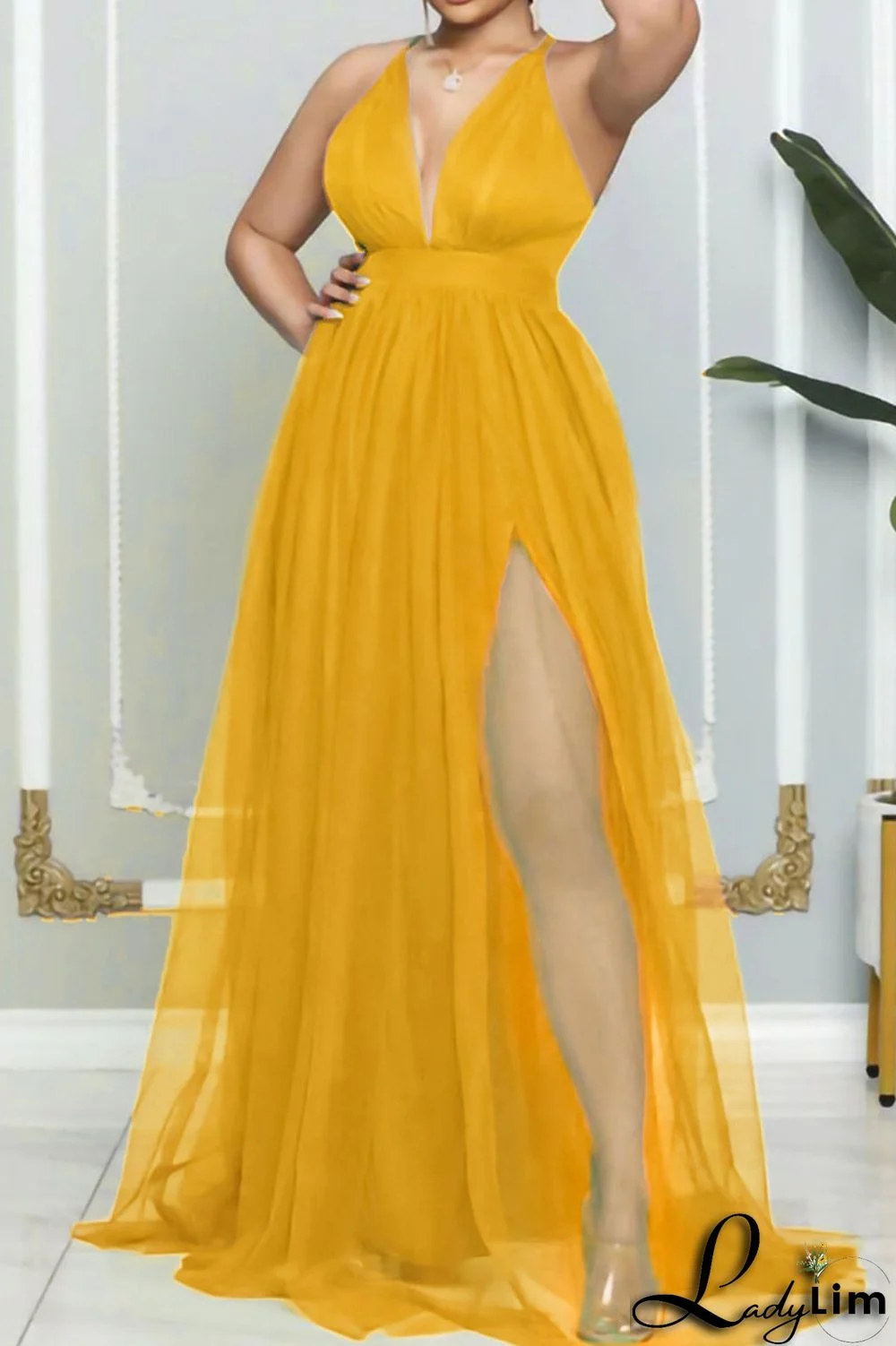 Yellow Sexy Solid Patchwork Spaghetti Strap Evening Dress Dresses