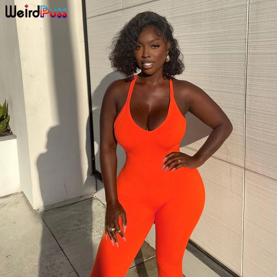 Weird Puss Sexy Strap Jumpsuits Women Knitting Stretchy Overalls Skinny Summer Backless Sporty Fitness Fashion Streetwear Outfit