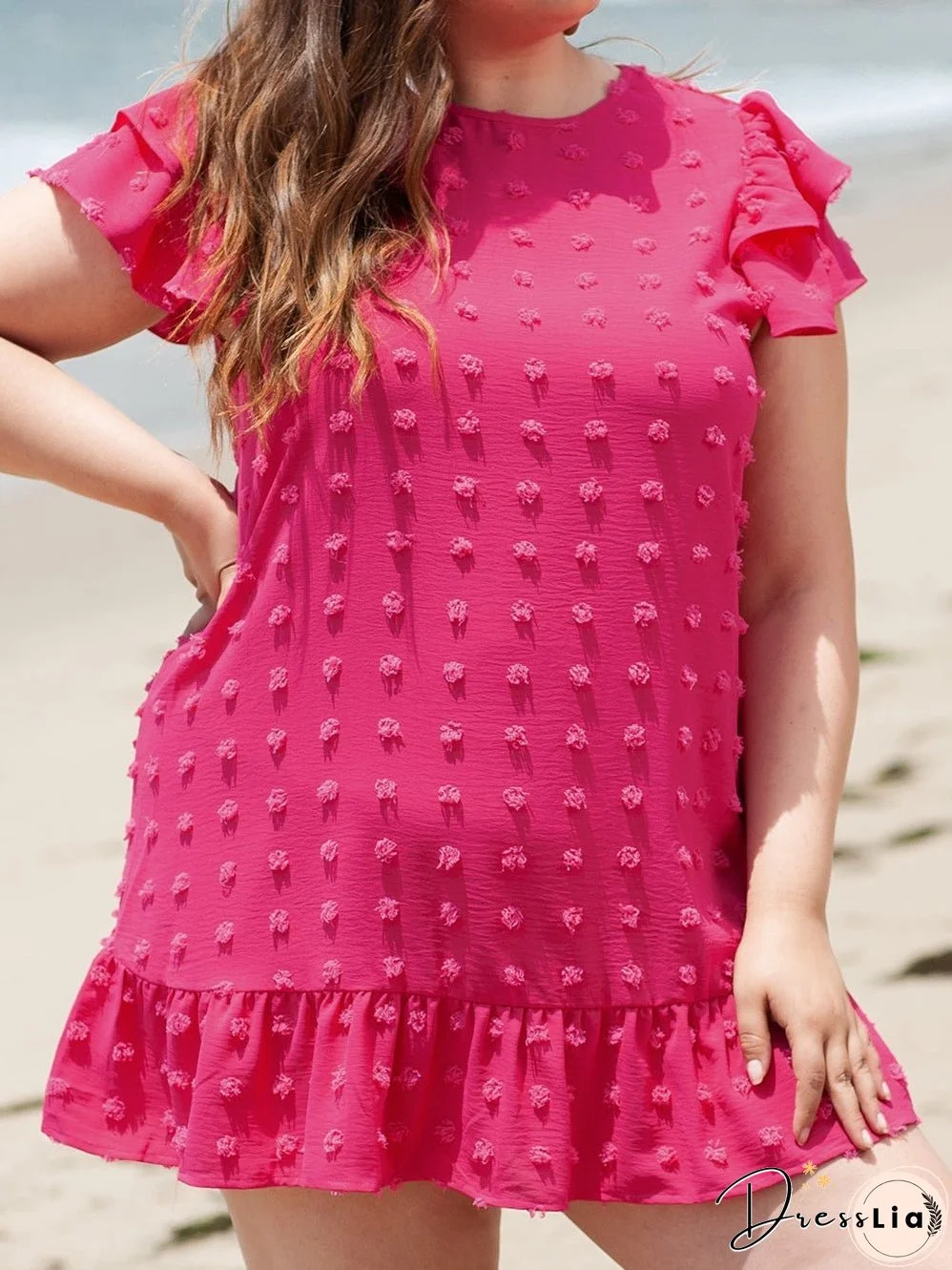 Strawberry Pink Jacquard Ruffle Sleeve Plus Size Mini Dress