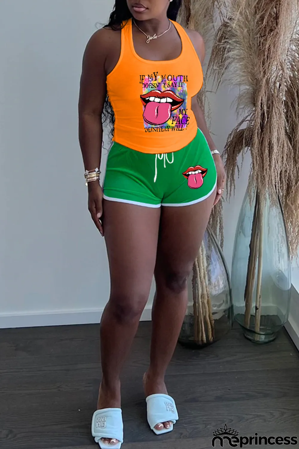 Orange Green Street Lips Printed Patchwork U Neck Sleeveless Two Pieces