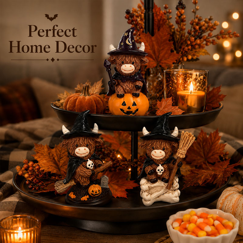 Three Halloween Highland Cow ornament styles