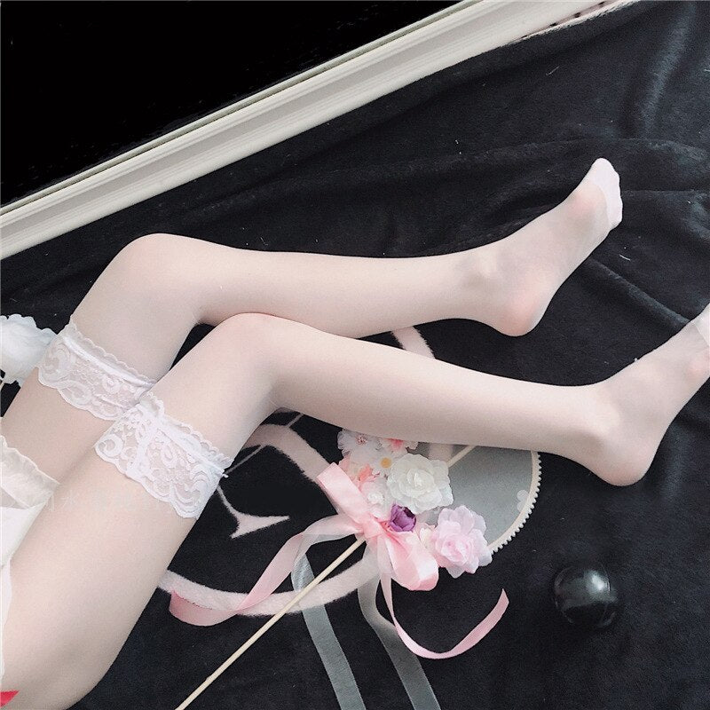 LANFUBEISI Sexy Lace Stockings Bow Women White Over Knee Socks Girls Stretchy Ladies Sexy Lingerie Uniform Thigh High Stockings Fetish LANFUBEISI