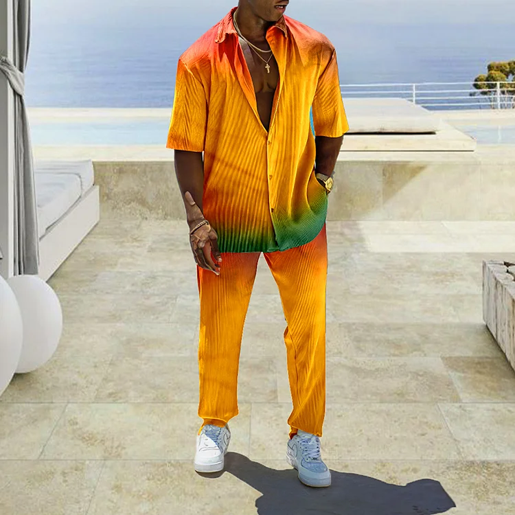BrosWear Yellow Mango Gradient Beach Shirt And Pants Two Piece Set