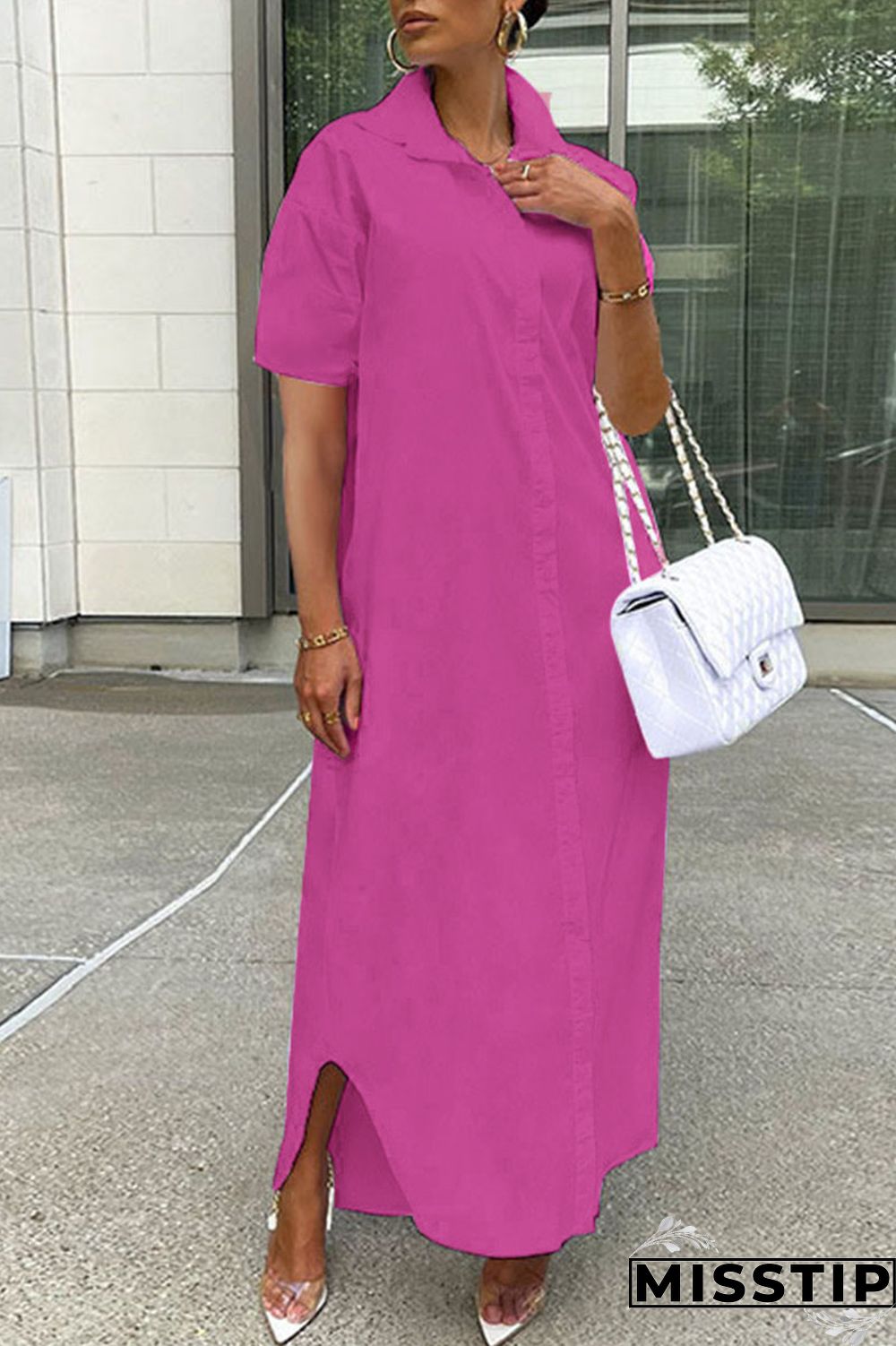 Rose Red Casual Solid Patchwork Buckle Turndown Collar Shirt Dress Dresses