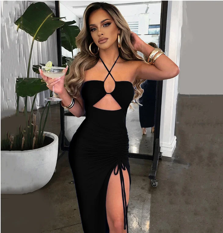 Uveng Uveng Sexy Hot Girl High Slit Wrinkle Hang Neck Type Temperament Show Chest Dress