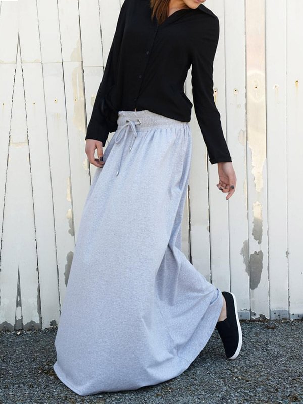 Simple Gray Drawstring Long Skirt