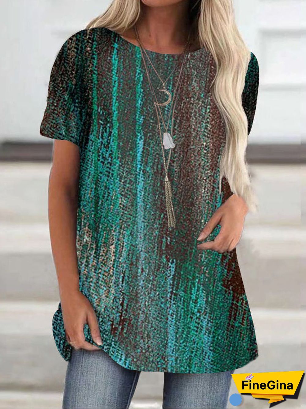 Women Green Color Short Sleeve Scoop Neck Striped Printed Top Blouse