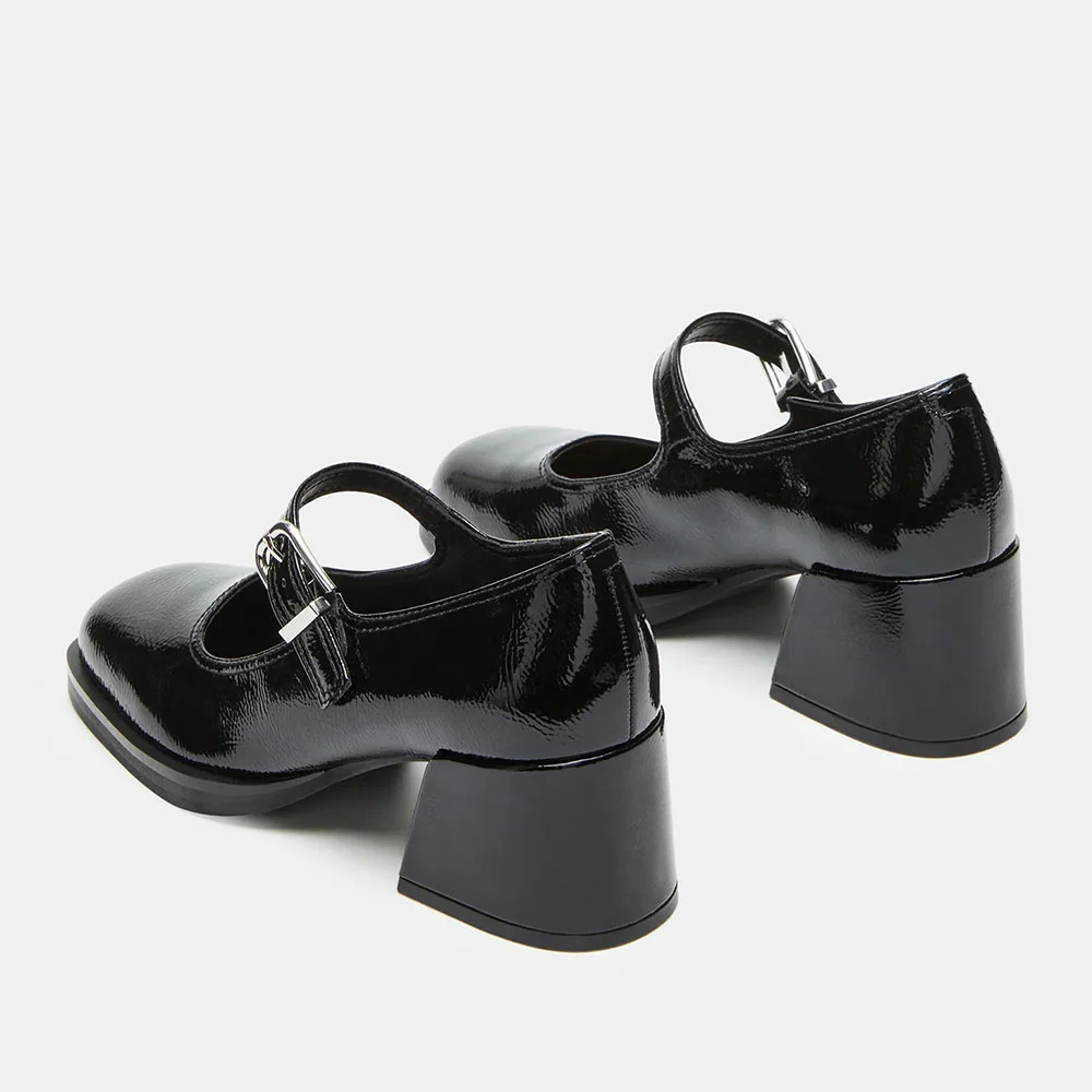Black Square Toe Block Heel Platform Mary Jane Shoes for Women