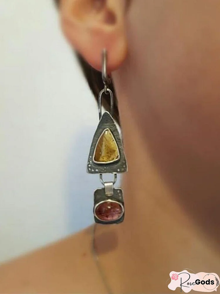 Ethnic Vintage Inlaid Colorful Gem Geometric Earrings Bohemian Holiday Jewelry