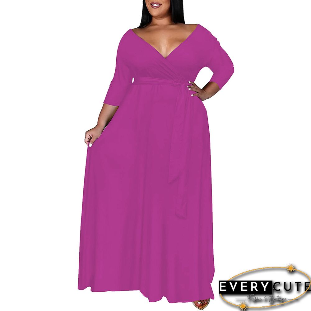 Rosy V Neck 3/4 Sleeve Plus Size Dress with Tie