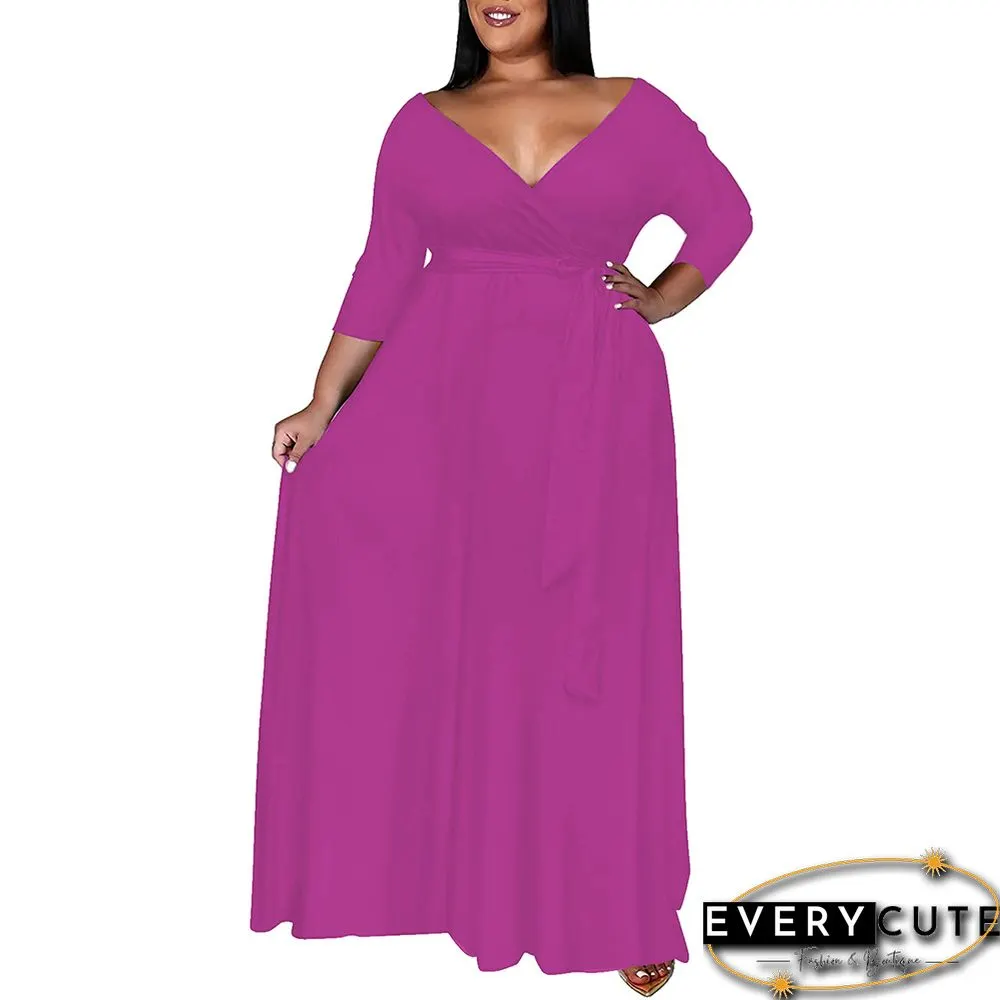 Rosy V Neck 3/4 Sleeve Plus Size Dress with Tie