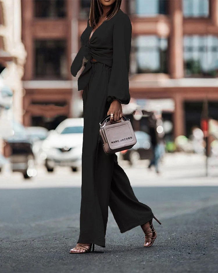 Long-sleeved Tie-up Top and Pants Two-piece Suit