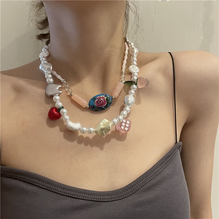 Double Boho Painted Pearl Necklace KERENTILA
