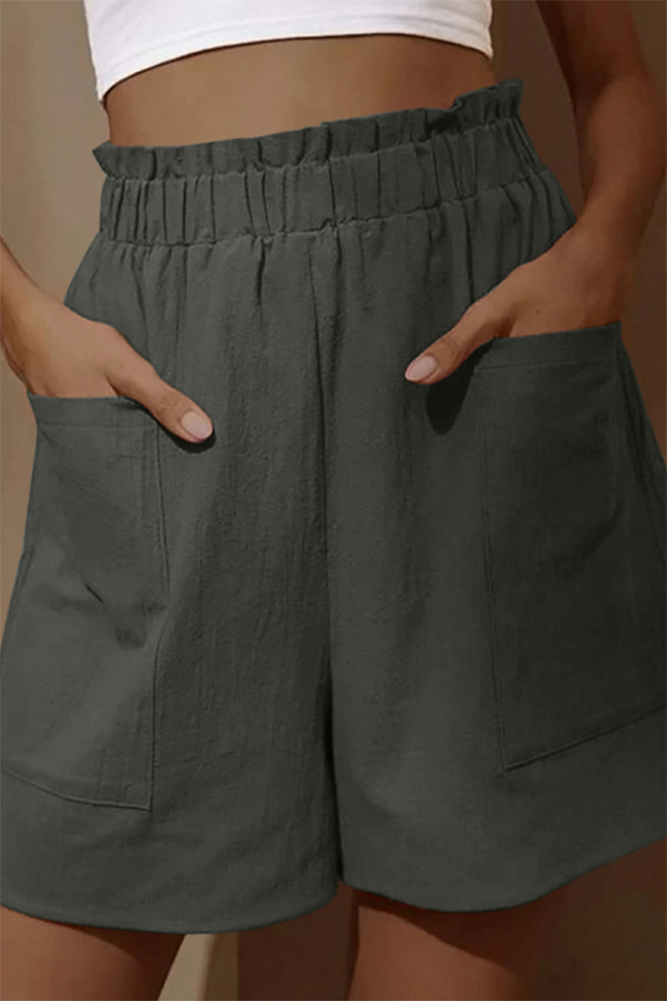 High Elastic Waist Pocket casual Linen Shorts