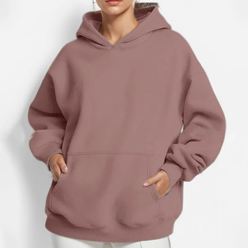 Brownm Brownm Coat Women's New Fashion Pure Color Loose Casual Temperament Long-Sleeved Hooded Winter Hoodie Women