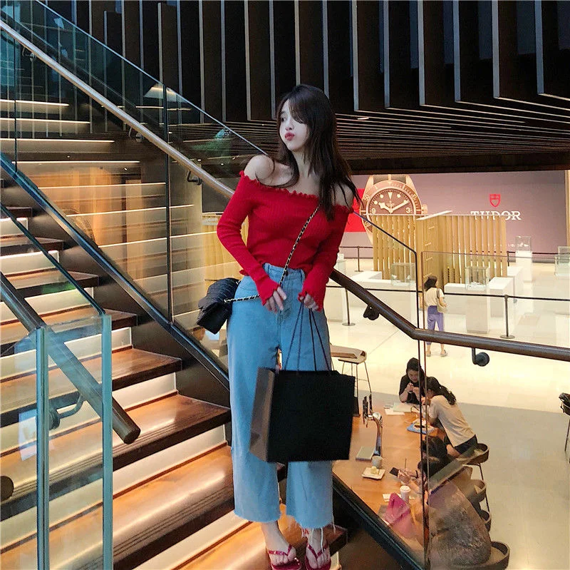 Uveng Uveng New Hong Kong Style Hottie Word Shoulder Wood Ear Long-Sleeved Knit Shirt Repair Short Bottom Top Anchor