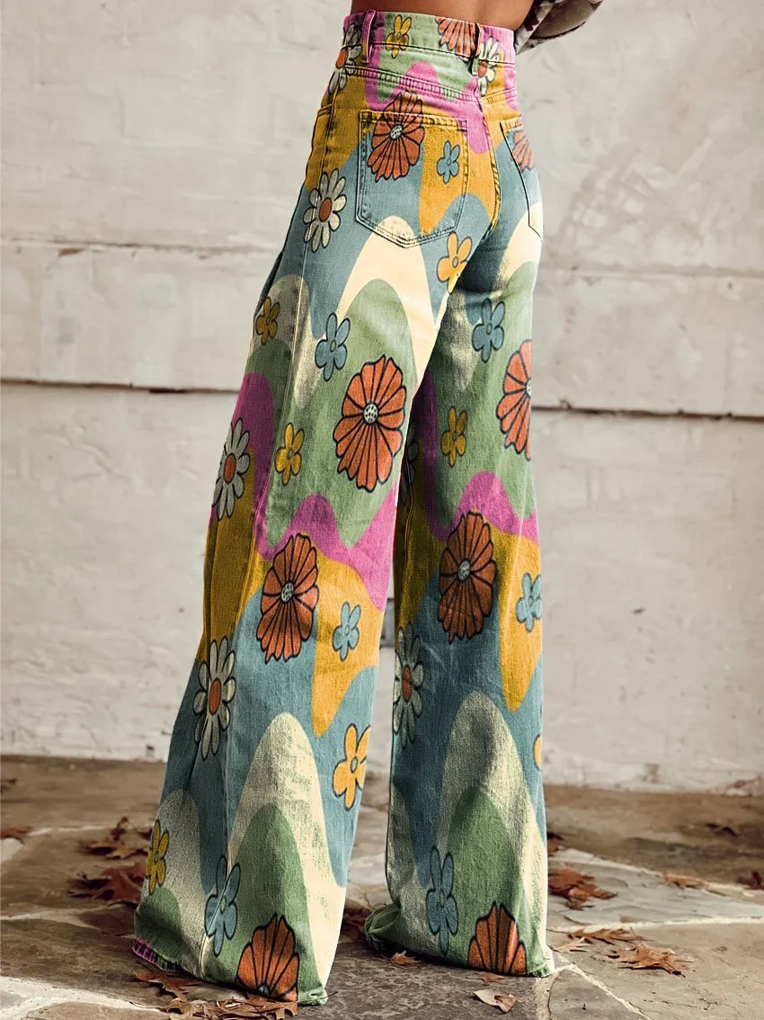 【COLOR iN ID】Daisy Flower Wide Pants 90s Lazy Daisy Print Wide Leg Pants - ShopperBoard
