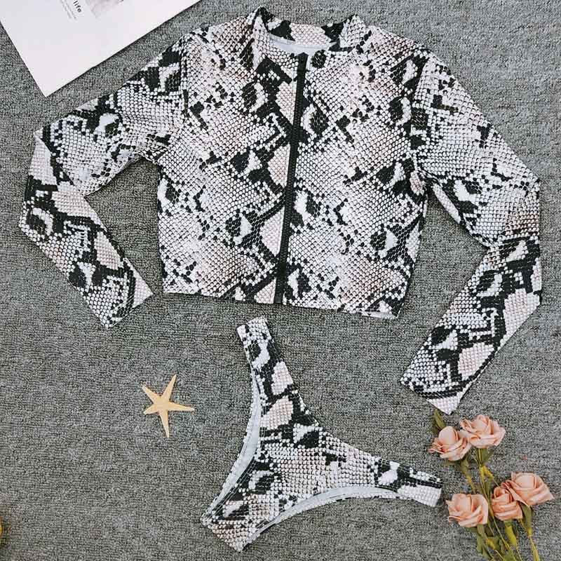 New Long Sleeve Zipper Bikini Women Swimwear Sport Print Swimsuit Two-pieces Bikini set Brazilian Bather White Bathing Suit Swim