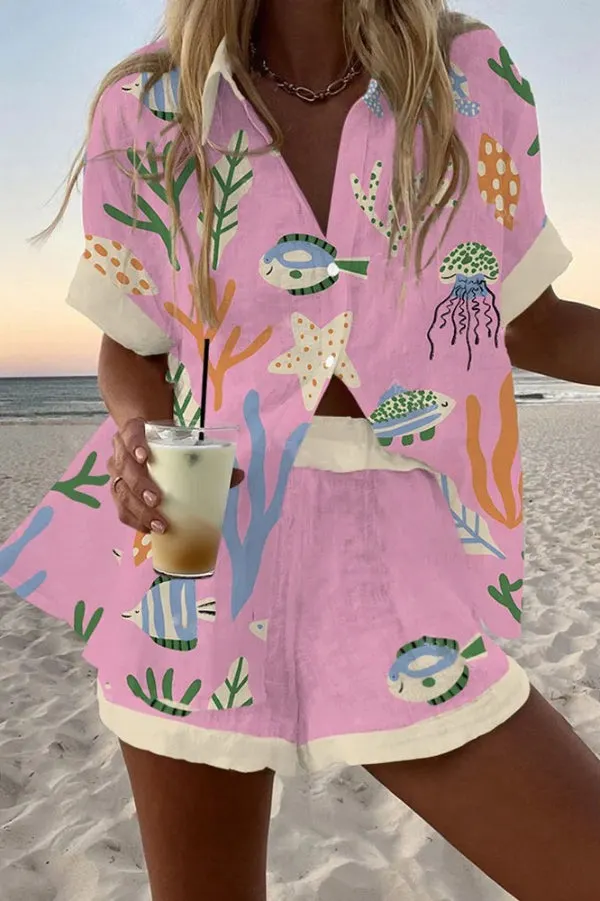 Aquatic Creature Print Loose Button Elastic Waist Shorts Set