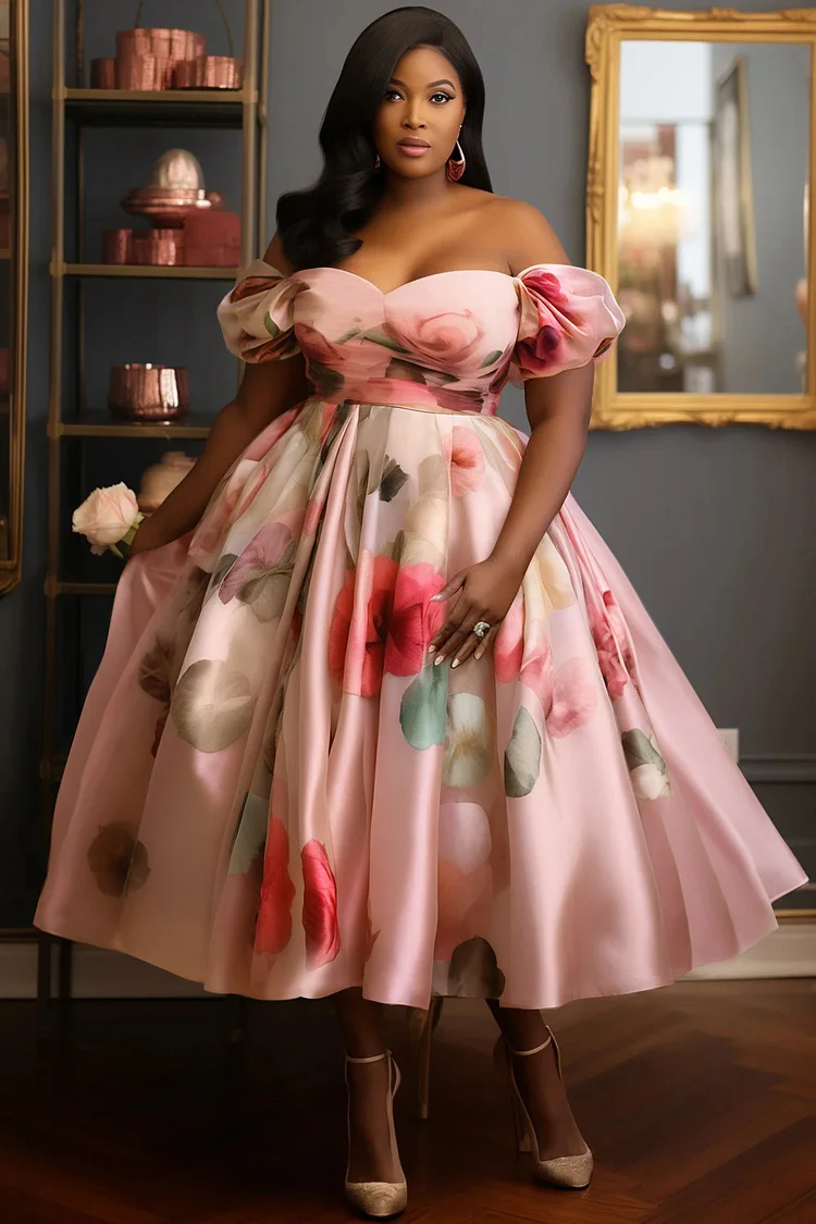 Xpluswear Design Plus Size Wedding Guest Pink Floral Off The Shoulder Sundress Cap Sleeve Tulle Midi Dresses 2024 - Xpluswear