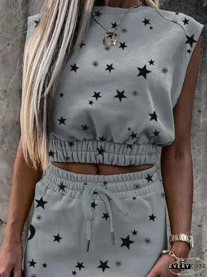 Casual Printed Sleeveless Drawstring Skirt Suit for Women