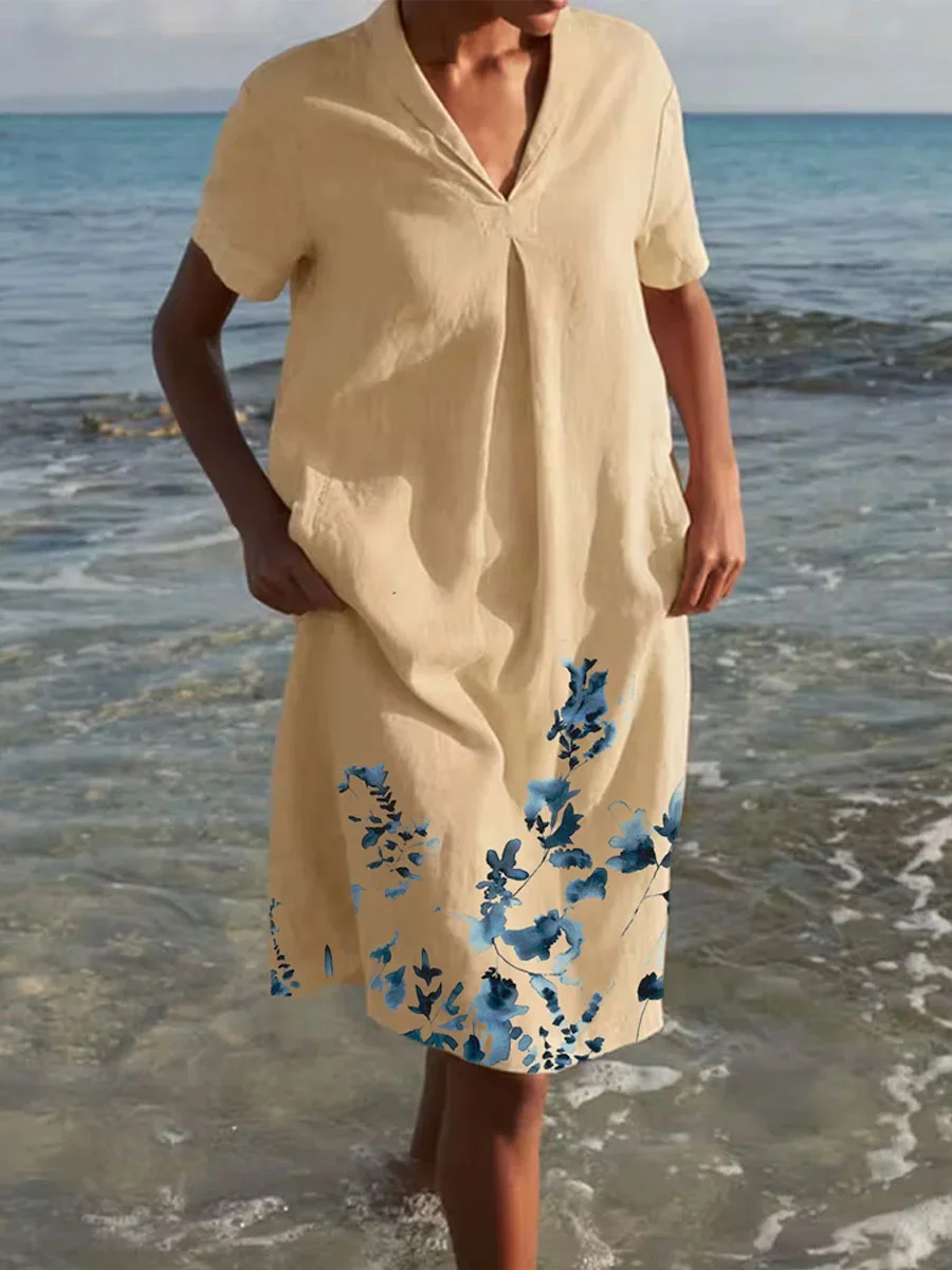 Loose Casual Ink Floral Print Short Sleeve Short Dress