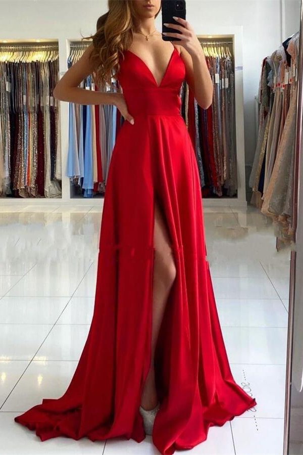 Gorgeous Red V-Neck Prom Dress Long With Split V-Neck - lulusllly