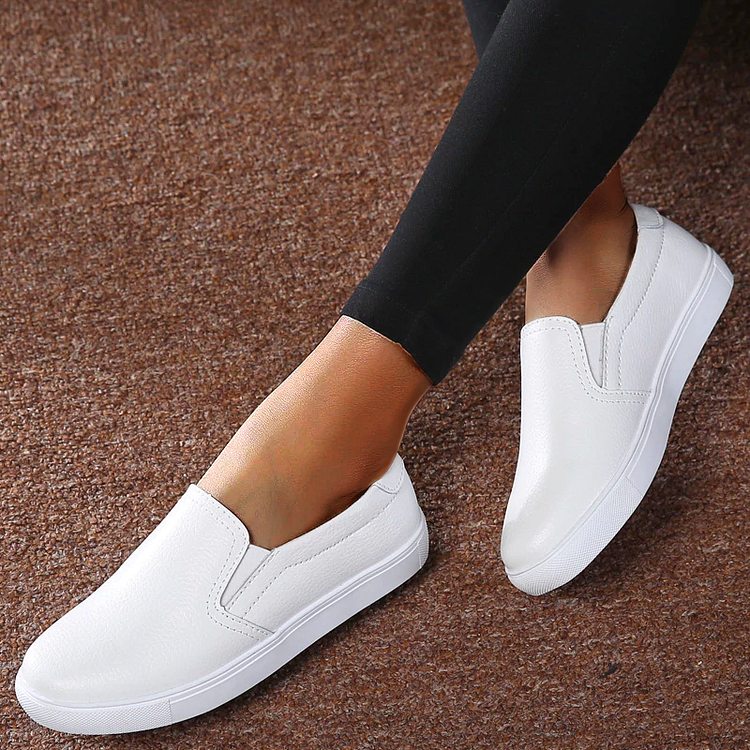 Genuine Leather White Shoes Flats Platforn Sneakers Slip On Soft Vulcanized Shoes QueenFunky