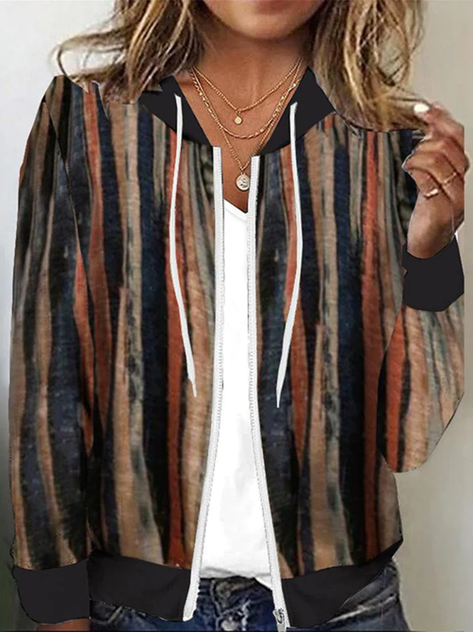 Hoodie Long Sleeve Striped Regular Micro-Elasticity Loose Jacket For Women.