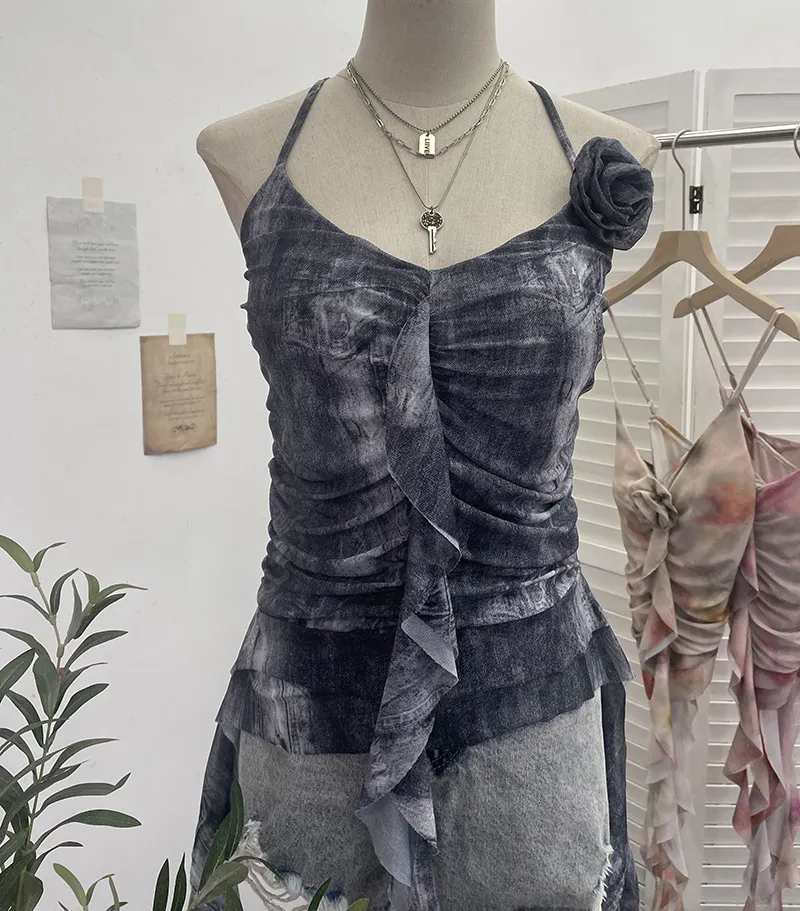 Uveng Asymmetrical Lotus Leaf Side Flower V-Neck Sling Vest Dyed Mesh Cross-Sleeveless Top 6109