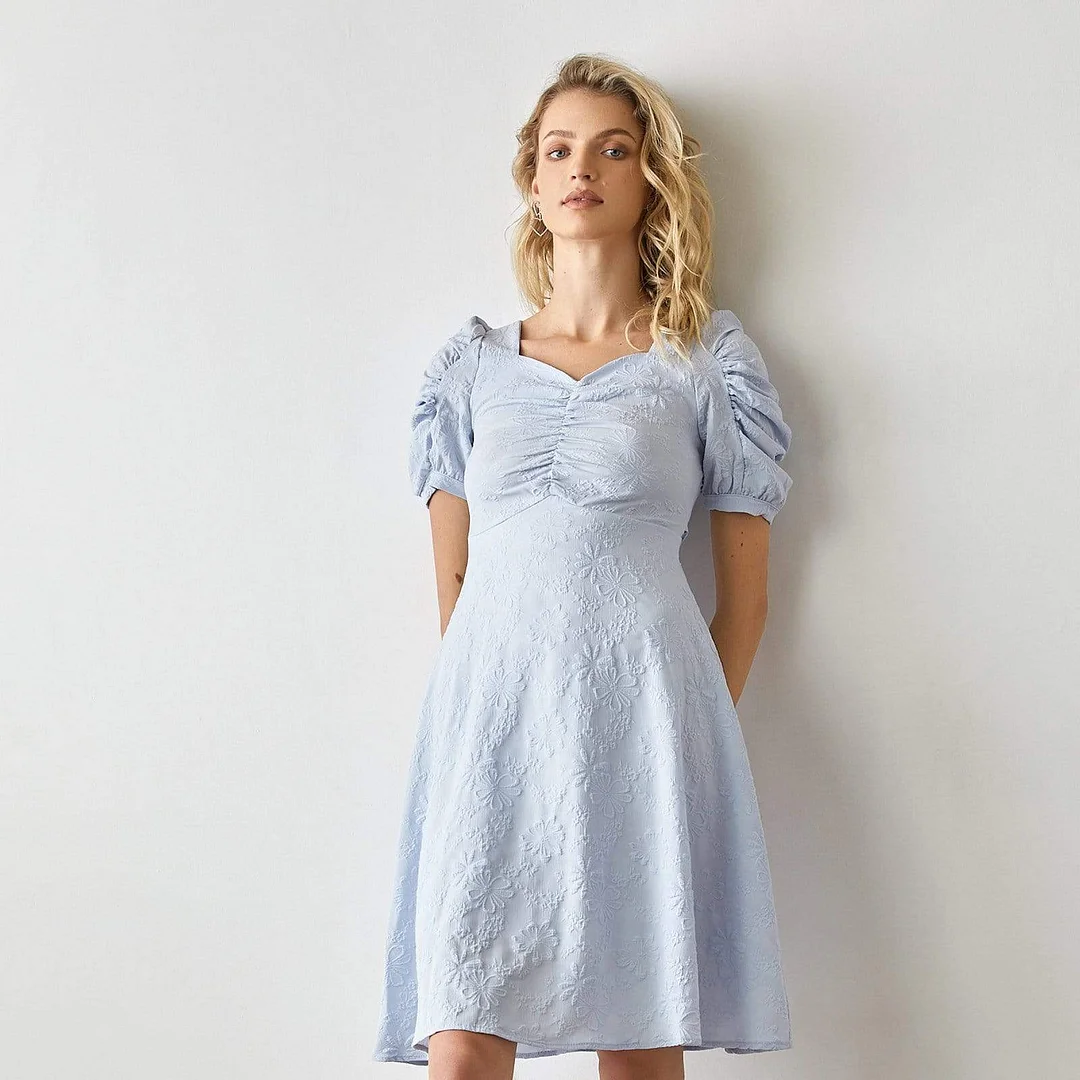 Estrella Puff Sleeve Blue Midi Dress